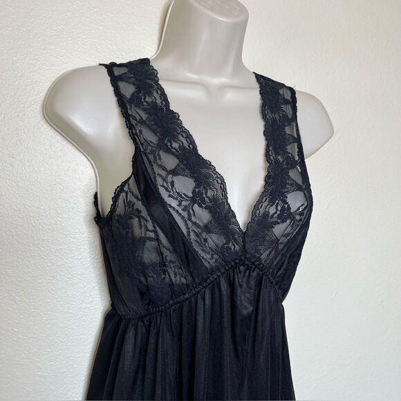 Vintage Texsheen Black Lace Nylon Long Nightgown Peignoir Chemise Women Small - Picture 4 of 14